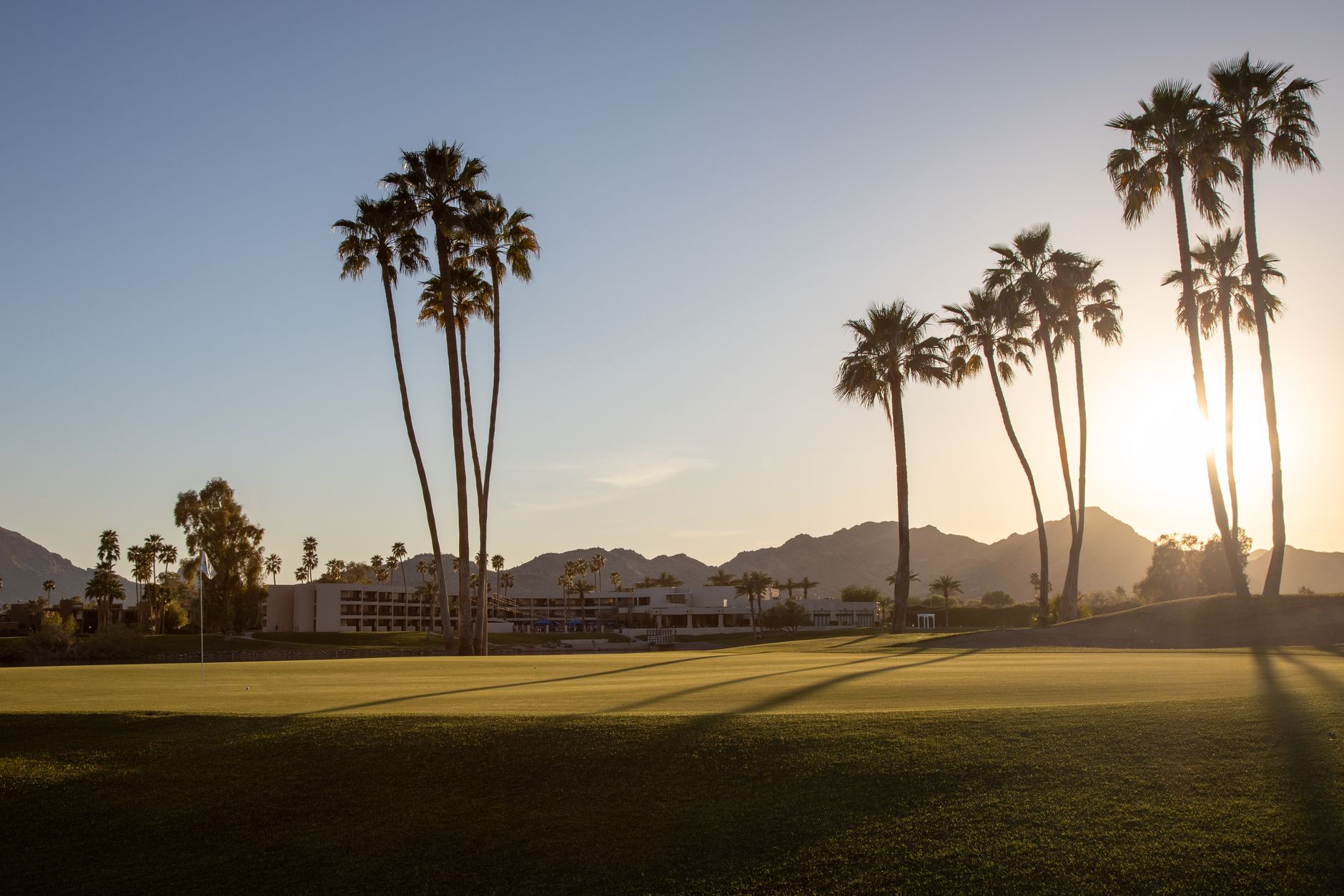 Captivating view of a Scottsdale golf course with palm trees and mountains at sunset.